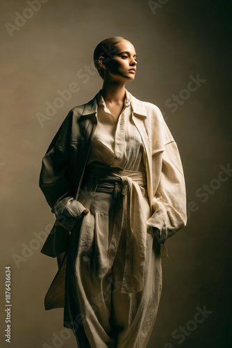 African American Female Model In Cream Oversized Linen Outfit Posing Under Warm Dramatic Studio Lighting
