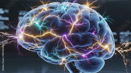 Human brain with glowing electrical activity, neural network, science concept