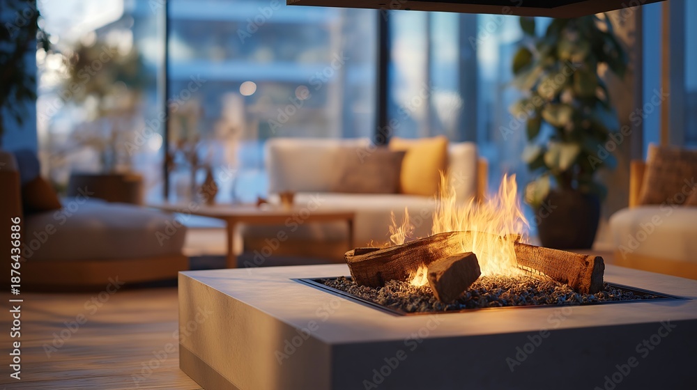 Fototapeta premium Stylish modern fireplace glowing softly in an open living area, understated decor highlighting warmth, clarity, and contemporary domestic comfort. cinematic color correction, natural uneven
