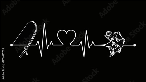 Fishing Heartbeat EKG Pulse Line with Rod and Jumping Fish - Minimalist Angler and Nature Lover Graphic