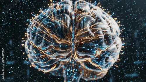 Abstract 3D Model of a Human Brain with Glowing Circuits, AI Concept