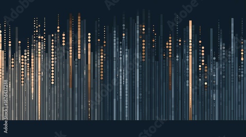 Abstract data visualization with vertical bars and dotted skyline in blue and copper tones