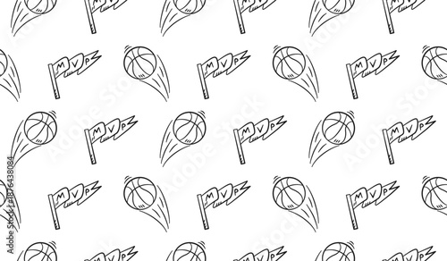 Basketball doodle illustration background. Basketball MVP flag seamless pattern background. MVP basketball flag hand drawn icon vector tiled wallpaper.