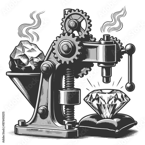 mechanical press transforming a piece of coal into a sparkling diamond, symbolizing pressure and value sketch engraving generative ai vector illustration. Scratch board imitation. Black and white.