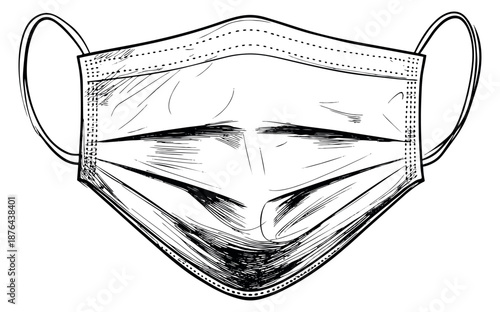 Hand drawn line art illustration of a medical mask depicting protection for public health safety