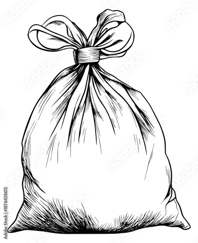 Hand drawn line art illustration of a bag depicting it tied shut for waste management