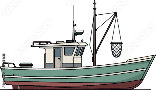 Fishing Boat with Net Green Vessel Sea Harvesting.