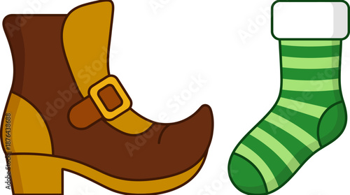 A brown and gold buckled boot with a pointed toe sits next to a green and white striped Christmas stocking.