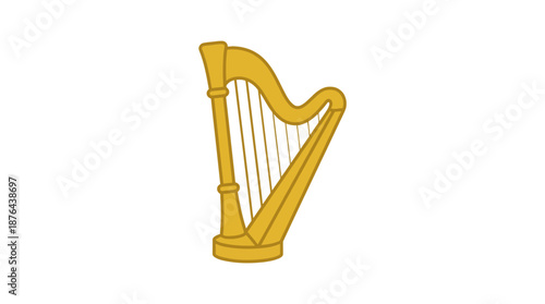 A golden harp, a musical instrument with strings, depicted against a white background.