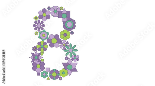 A stylized number 8 formed by a vibrant collection of purple and green floral and geometric shapes.