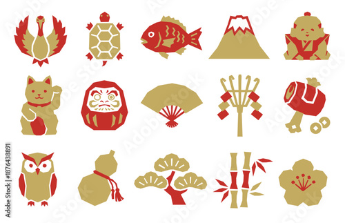 日本の縁起物のシンプルな版画風イラストセット。赤と金の和風アイコン、正月デザイン素材（ベクター）