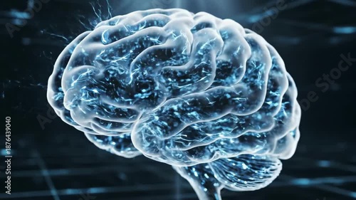 Abstract glowing brain with electrical impulses, futuristic digital background