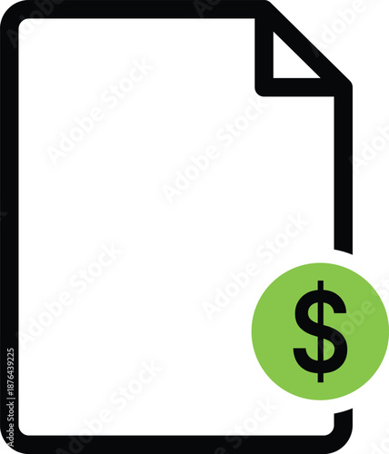 Black document with green circle and dollar sign on white background paper money