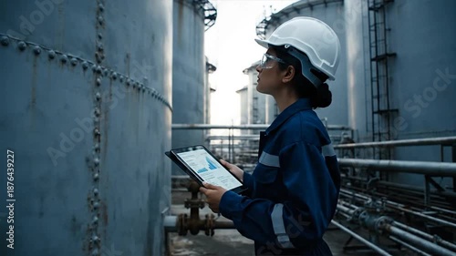 Engineer using tablet to inspect oil facility infrastructure