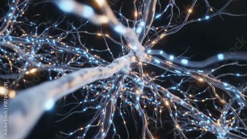 Abstract Neural Network Animation, Glowing Synapses Firing, Blue and Gold Lights