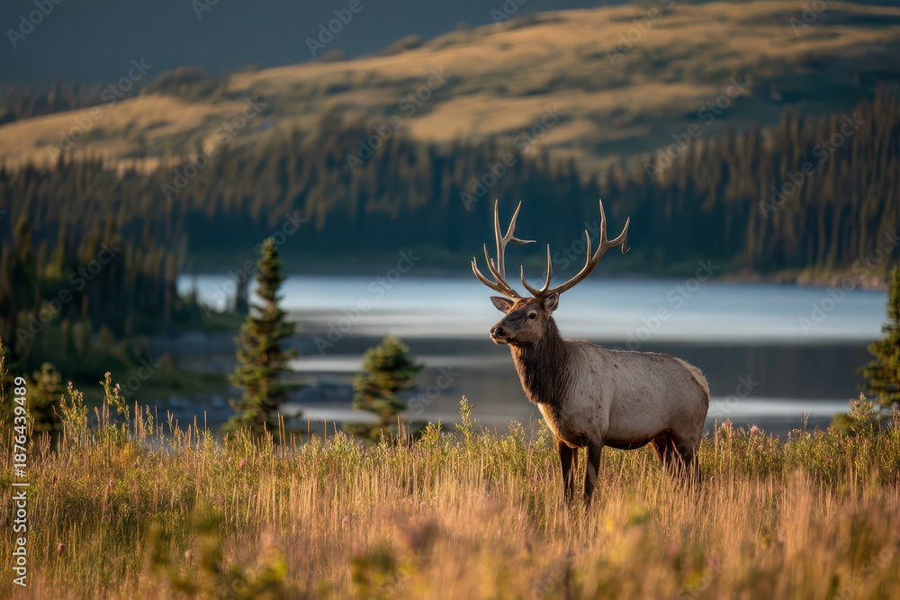 Fototapeta premium Wildlife scene featuring a large-antlered elk standing proudly on an open prairie at sunset