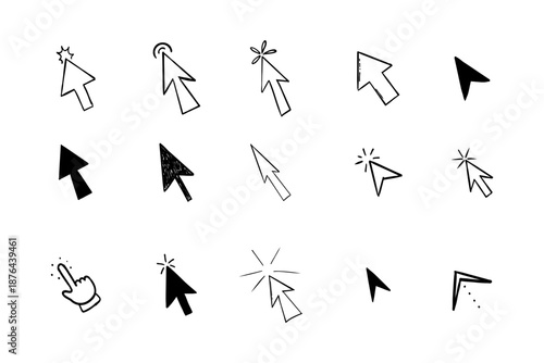 Mouse cursor arrow doodle, hand drawn pointer, click button. Hand drawn finger click. Set cute sketch digital arrow icon.