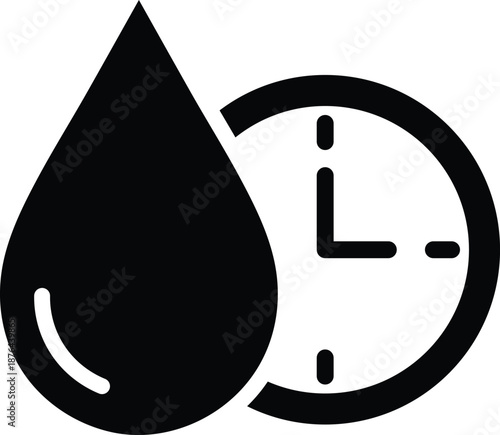 Black water drop symbol next to a black clock face time liquid