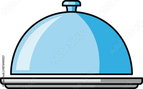 Blue cloche serving dish with silver tray and black outline food cover