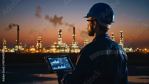 Engineer using tablet to monitor oil refinery operations at dusk with industrial landscape