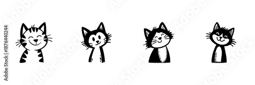 Cute Cat Faces In Hand Drawn Style Set. Playful And Whimsical Feline Expressions Doodle Sketch Collection. Cartoon Character Design. Isolated Vector Illustration