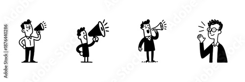 Business Communication And Public Speaking Icons In Hand Drawn Style Set. Marketing, Promotion, And Announcement Doodle Sketch Collection. Isolated Vector Illustration