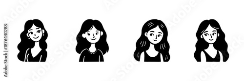 Four Female Characters In Hand Drawn Style Set. Diverse Expressions And Hairstyles Doodle Sketch Collection. Cartoon Portraits. Isolated Vector Illustration