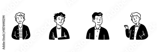 Four Male Characters In Hand Drawn Style Set. Casual Fashion, Youthful Expression, And Personality Doodle Sketch Collection. Diverse Hairstyles And Outfits. Isolated Vector Illustration