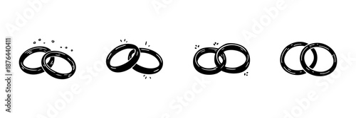Wedding Rings In Hand Drawn Style Set. Marriage, Commitment, Love Symbol Doodle Sketch Collection. Romantic Union Celebration. Isolated Vector Illustration