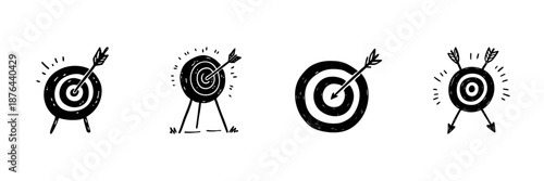 Target With Arrows In Hand Drawn Style Set. Precision, Goal Achievement, Success Strategy Doodle Sketch Collection. Business And Personal Development. Isolated Vector Illustration