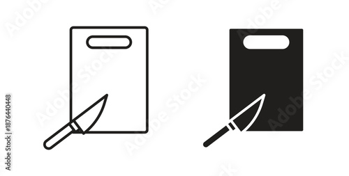 Cutting board and knife icons. Vector linear icon isolated on white background.