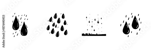 Raindrop Icons In Hand Drawn Style Set. Weather, Precipitation, And Climate Doodle Sketch Collection. Urban Rainfall And Water Droplets. Isolated Vector Illustration