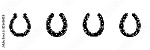 Horseshoe Icons In Hand Drawn Style Set. Good Luck, Protection, Fortune Symbol Doodle Sketch Collection. Equestrian Charm, Rustic Decor. Isolated Vector Illustration