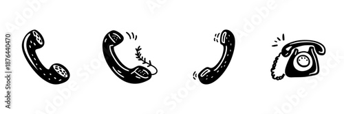 Retro Telephone Handsets And Rotary Phone In Hand Drawn Style Set. Vintage Communication, Nostalgia, And Connection Doodle Sketch Collection. Isolated Vector Illustration