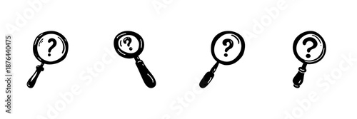 Magnifying Glass With Question Mark In Hand Drawn Style Set. Inquiry, Investigation, Problem Solving Doodle Sketch Collection. Curiosity And Exploration. Isolated Vector Illustration