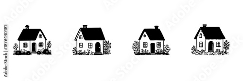 Charming Cottage Houses In Hand Drawn Style Set. Cozy Rural Living, Countryside Architecture, Vintage Home Design Doodle Sketch Collection. Rustic Aesthetic. Isolated Vector Illustration