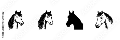 Horse Head Illustrations In Hand Drawn Style Set. Equestrian Art, Animal Portraits, Silhouette And Detailed Sketch Collection. Rustic Charm, Farm Life. Isolated Vector Illustration