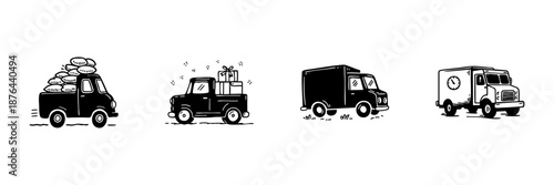 Delivery Trucks In Hand Drawn Style Set. Logistics, Transportation, And Shipping Doodle Sketch Collection. Cargo, Gifts, And Timely Delivery. Isolated Vector Illustration