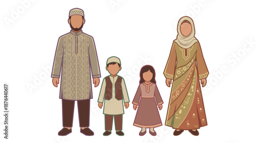 A Muslim family of four, including parents and two children, dressed in traditional Islamic attire, standing together in a unified pose.