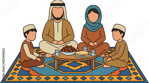 A Muslim family of four, including parents and two sons, sitting cross-legged on a rug around a low table laden with dates and flatbread, likely during Ramadan.