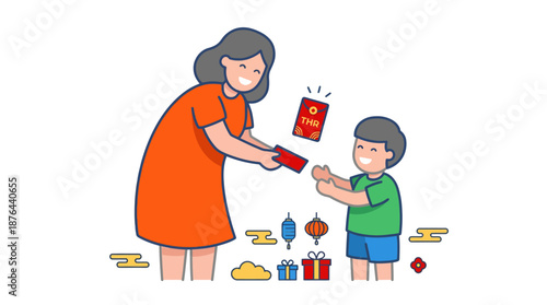 A mother happily gives a red envelope to her son, symbolizing the tradition of giving lucky money during Chinese New Year celebrations.