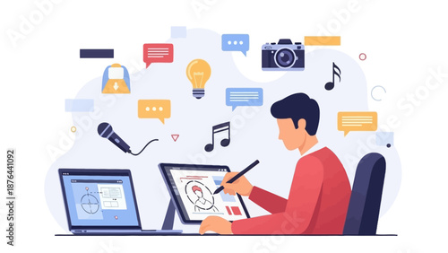 Artificial intelligence powered online shopping and e-commerce illustration showing a digital cart filled with products, data icons, and smart analytics tools. The image represents AI-driven e-commerc