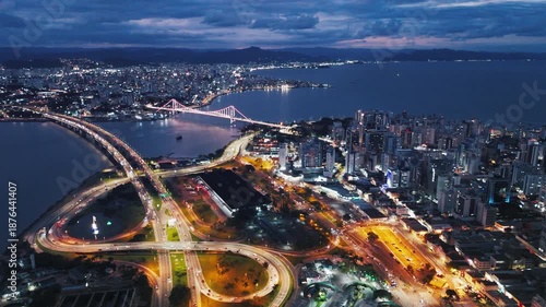 Florianopolis at night. Aerial view of the city of Florianopolis at twilight, Brazil