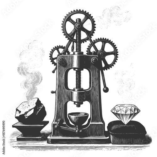 mechanical press transforming a piece of coal into a sparkling diamond, symbolizing pressure and value sketch engraving generative ai vector illustration. Scratch board imitation. Black and white.
