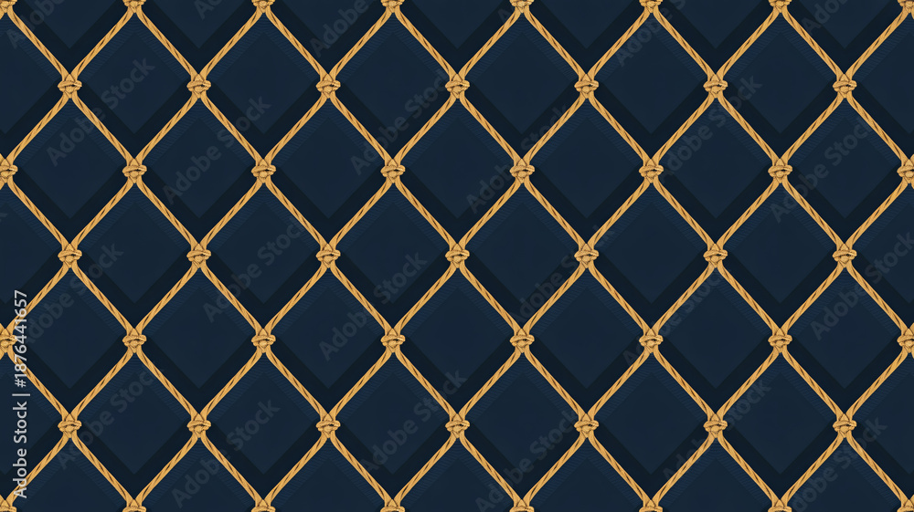 Fototapeta premium Elegant golden rope net pattern over a dark blue quilted background, creating a luxurious decorative texture.