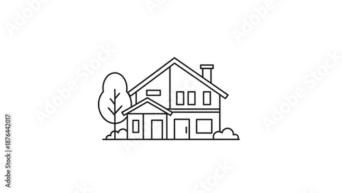 Simple modern house with tree and chimney