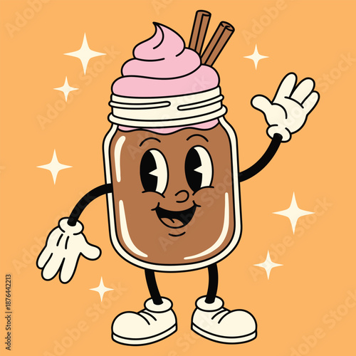 Cute cartoon character of a chocolate drink in a mason jar with whipped cream and cinnamon sticks, waving hello