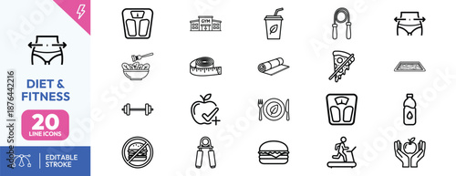 Diet and Fitness Line Icons Set