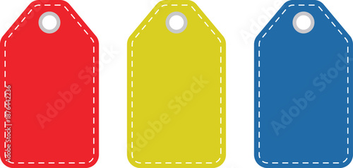 Three blank gift tags in red yellow and blue with dashed outlines label