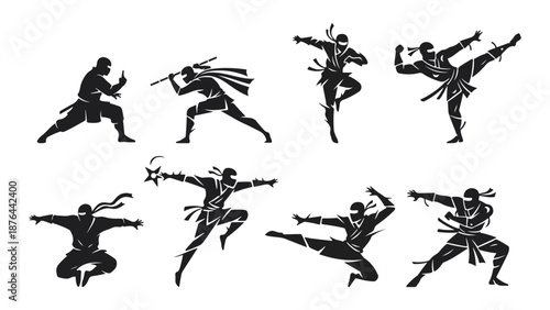 shapes of ninjas in different poses set of ninja shapes vector illustration on white background